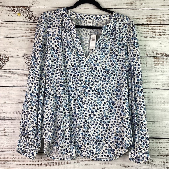 GAP SIZE M BLUE FLORAL TOP  ZEN NECK BLOUSE SPRING SUMMER NWT - Picture 4 of 16